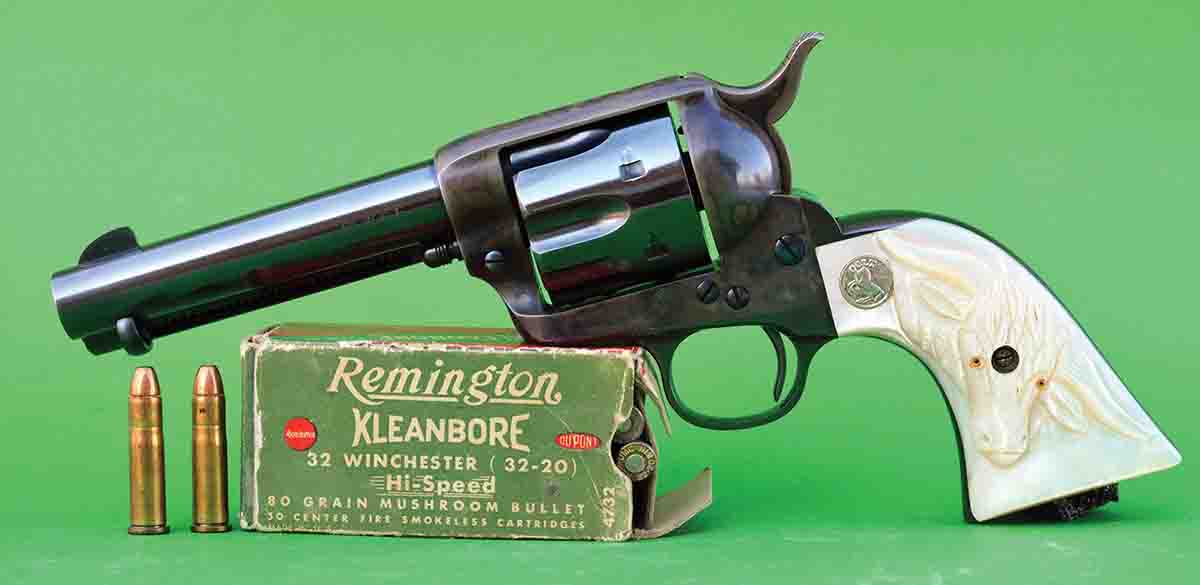 Prior to 1970, both Winchester and Remington offered special Hi-Speed .32-20 loads designed for “strong rifles only” such as this 80-grain Remington load with a listed muzzle velocity of 2,100 fps. However, these loads would not damage heavy-frame sixguns such as smokeless-era Colt Single Action Army revolvers.
